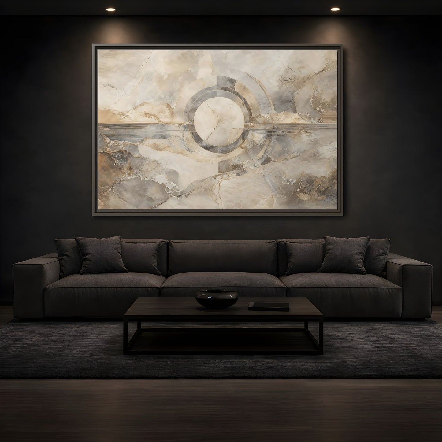 Mockup 3. Abstract Concentric Circles Neutral Abstract shown as stretched canvas wall art