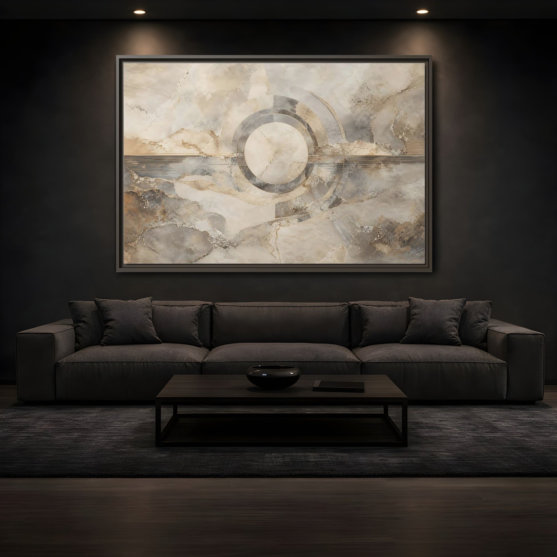 Mockup 3. Abstract Concentric Circles Neutral Abstract shown as stretched canvas wall art