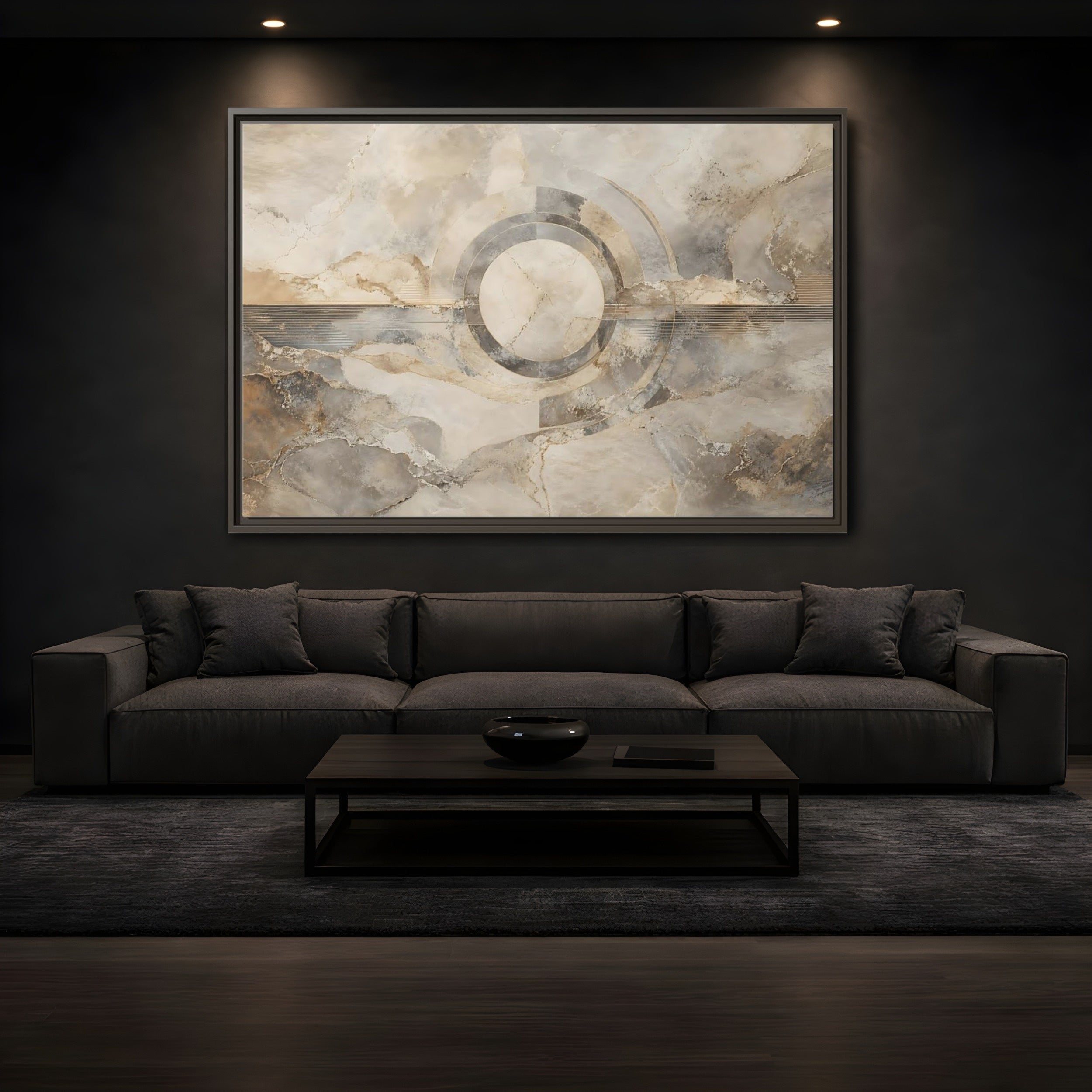 Mockup 3. Abstract Concentric Circles Neutral Abstract shown as stretched canvas wall art