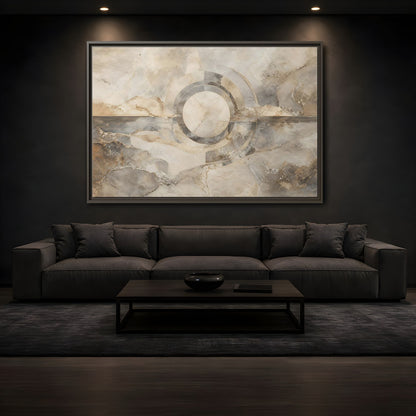 Mockup 3. Abstract Concentric Circles Neutral Abstract shown as stretched canvas wall art