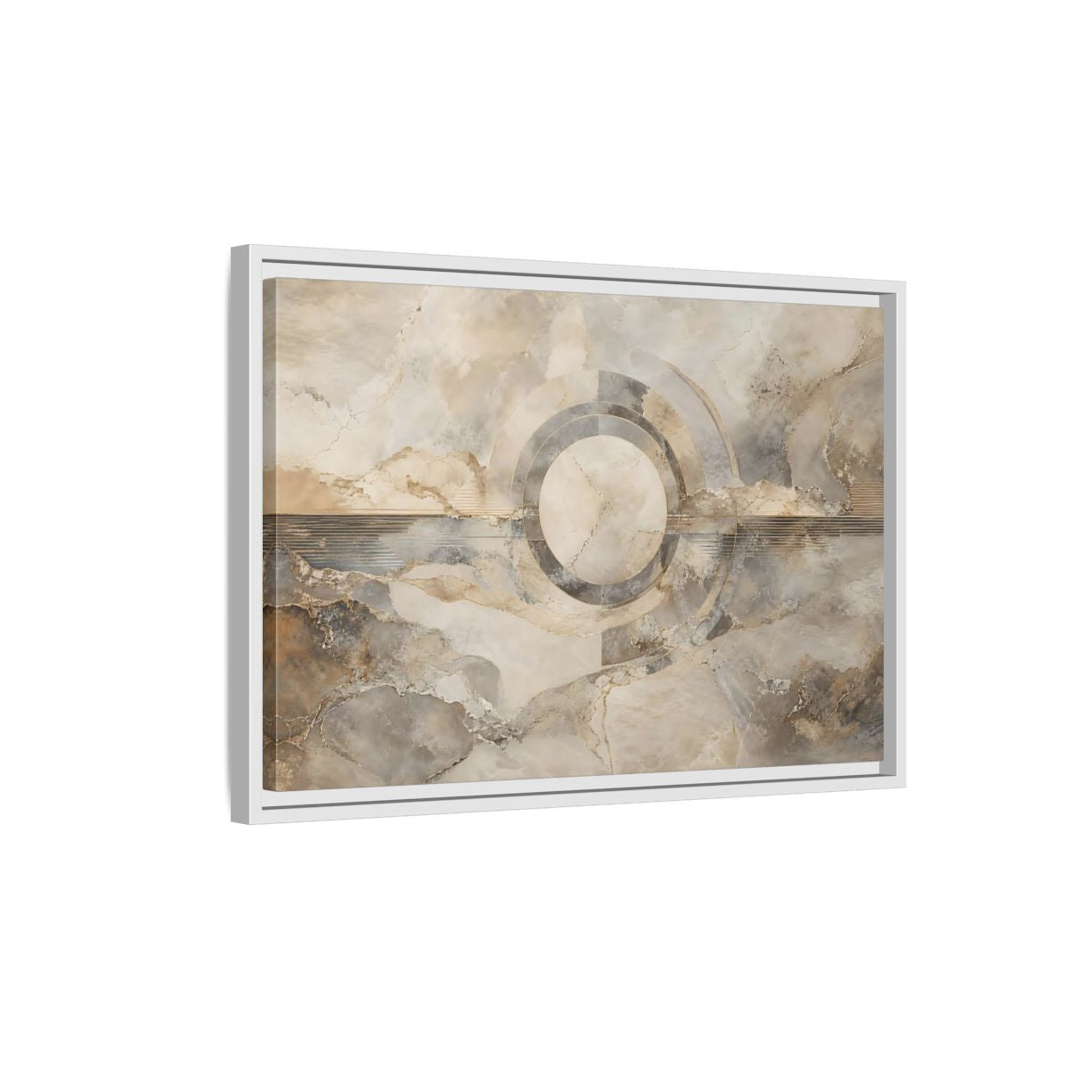 Side Mockup 1. Abstract Concentric Circles Neutral Abstract shown as stretched canvas wall art