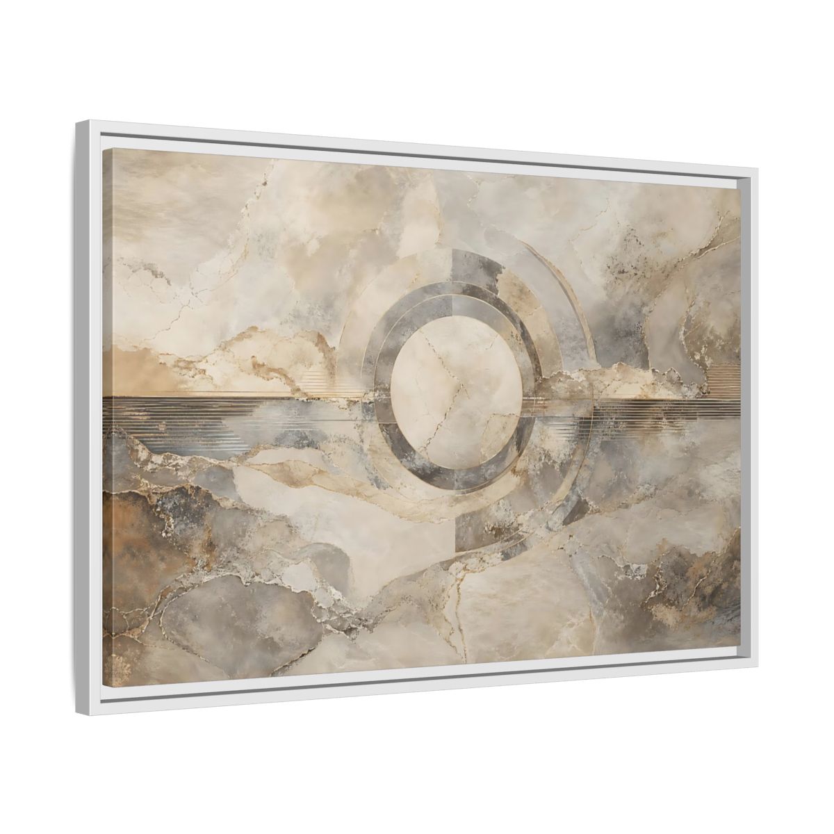 Side Mockup 10. Abstract Concentric Circles Neutral Abstract shown as stretched canvas wall art