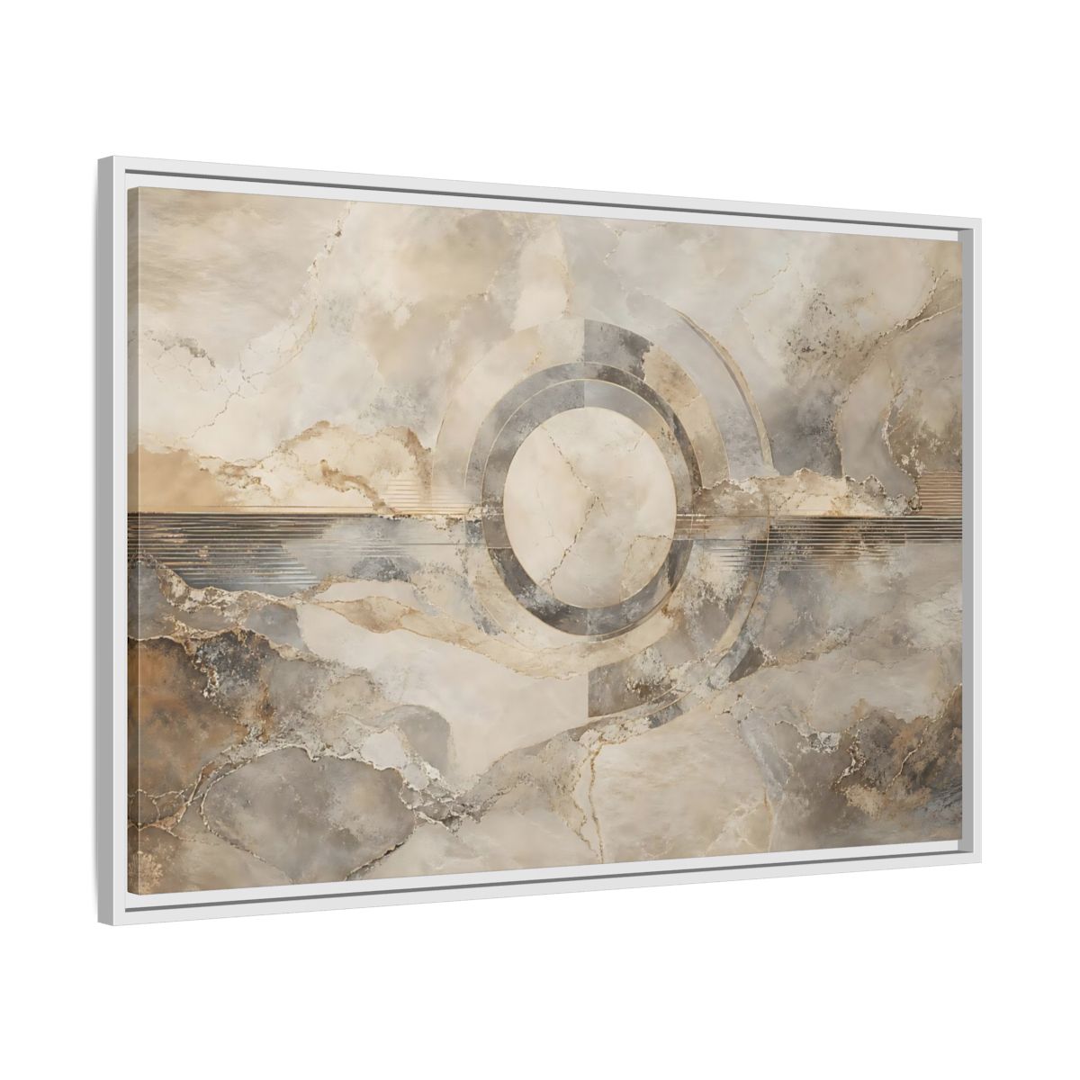 Side Mockup 9. Abstract Concentric Circles Neutral Abstract shown as stretched canvas wall art