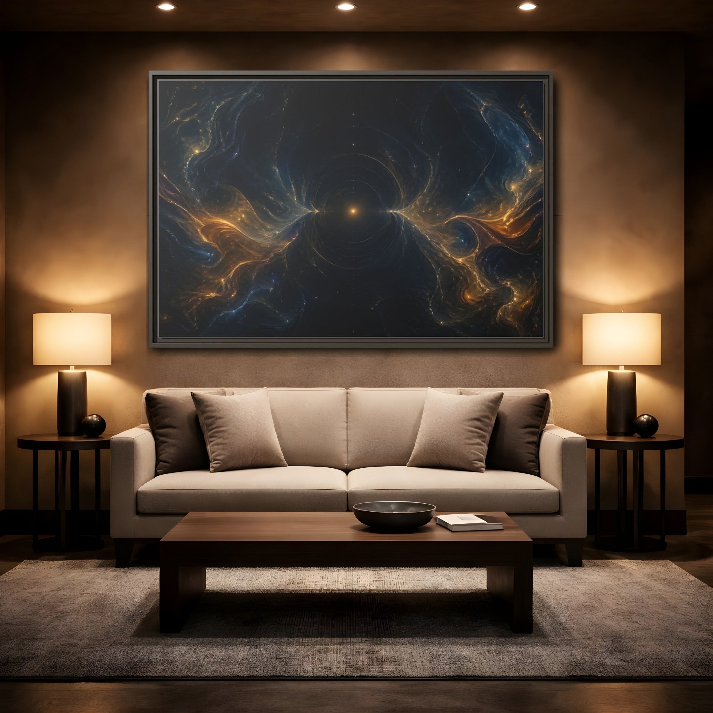 Mockup 2. Abstract Cosmic Energy Blue Gold Abstract shown as stretched canvas wall art