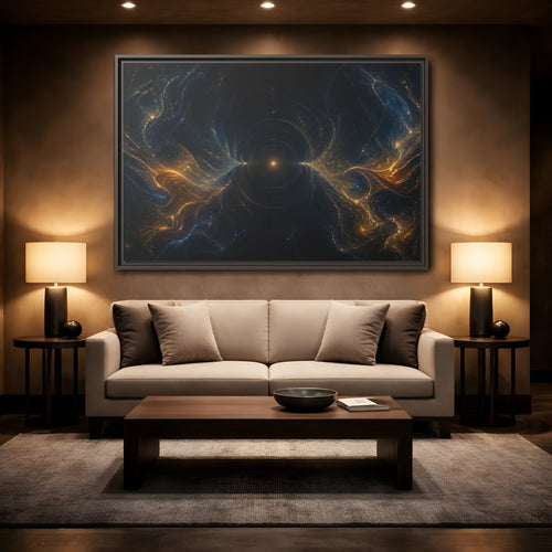 Mockup 2. Abstract Cosmic Energy Blue Gold Abstract shown as stretched canvas wall art