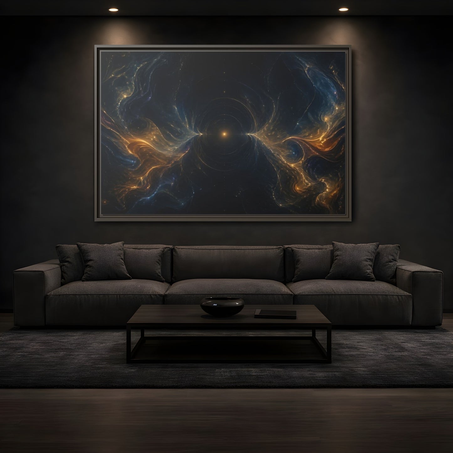 Mockup 3. Abstract Cosmic Energy Blue Gold Abstract shown as stretched canvas wall art