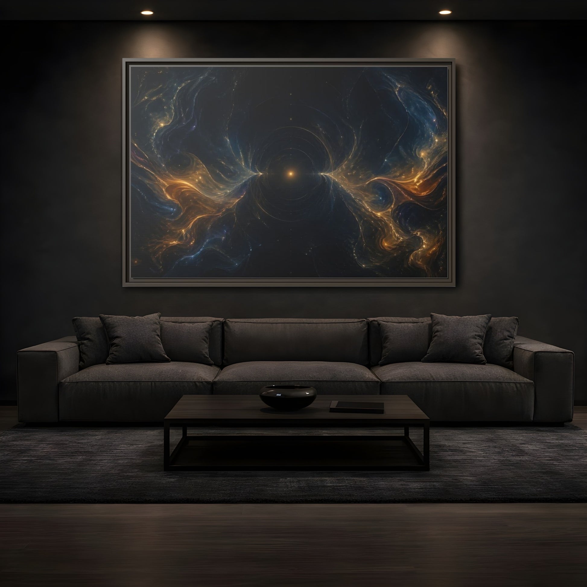Mockup 3. Abstract Cosmic Energy Blue Gold Abstract shown as stretched canvas wall art