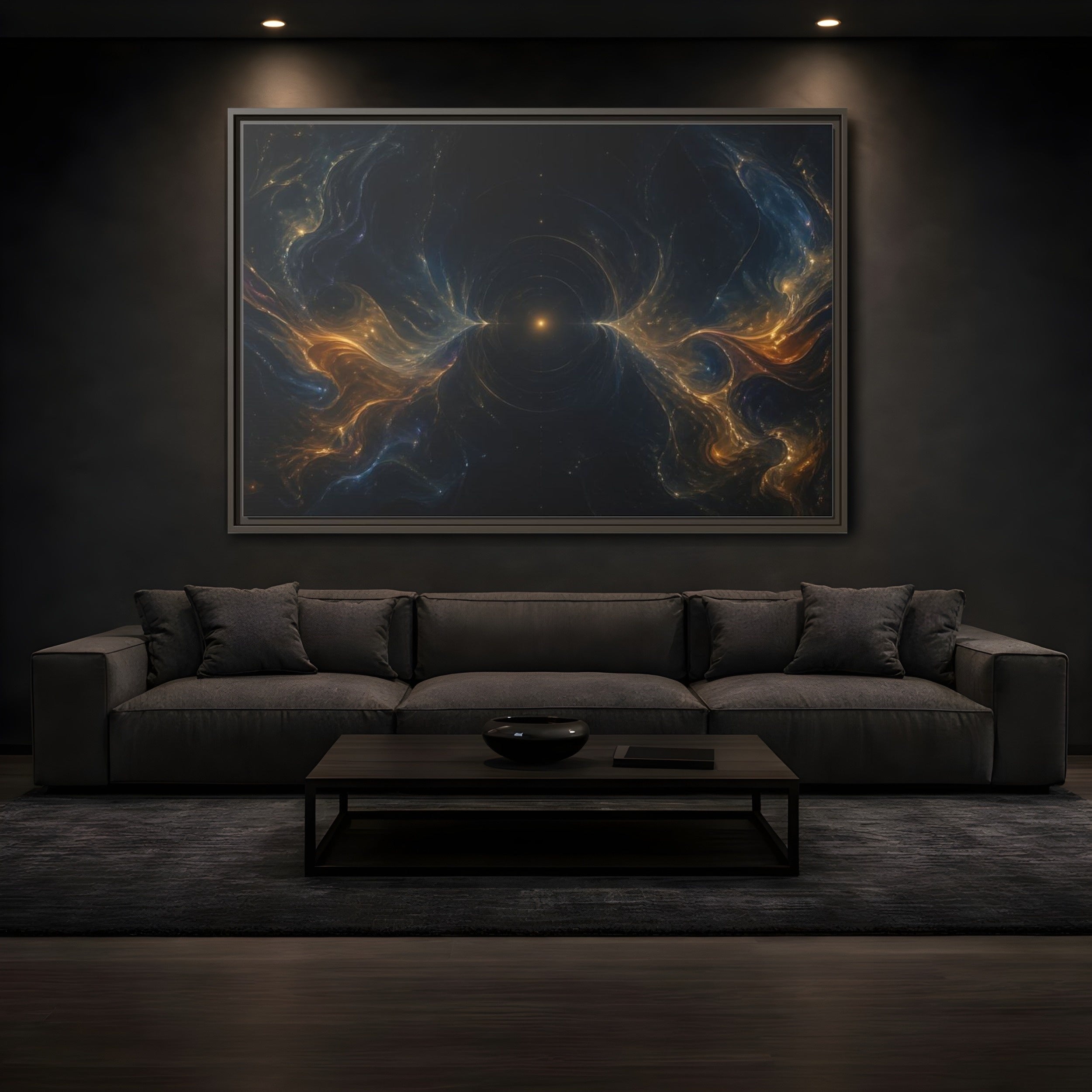 Mockup 3. Abstract Cosmic Energy Blue Gold Abstract shown as stretched canvas wall art
