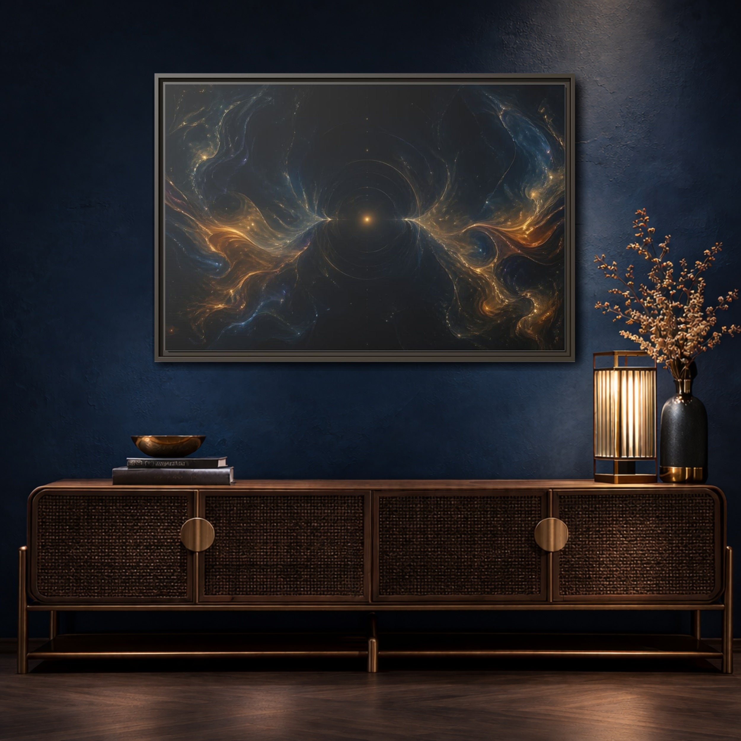 Mockup 4. Abstract Cosmic Energy Blue Gold Abstract shown as stretched canvas wall art