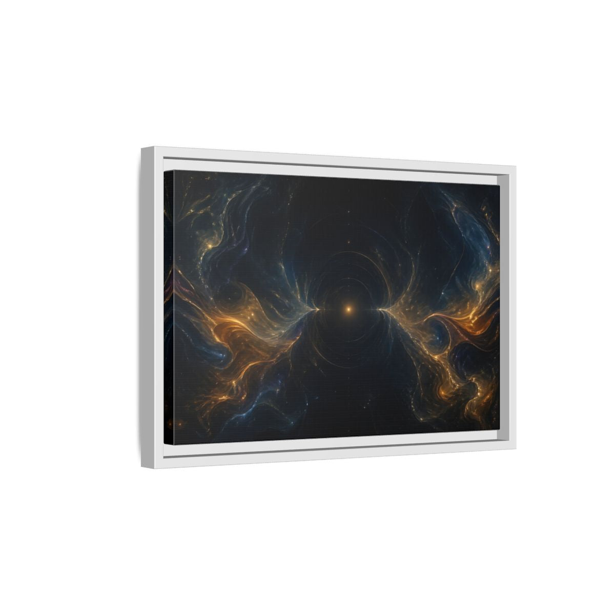 Side Mockup 4. Abstract Cosmic Energy Blue Gold Abstract shown as stretched canvas wall art