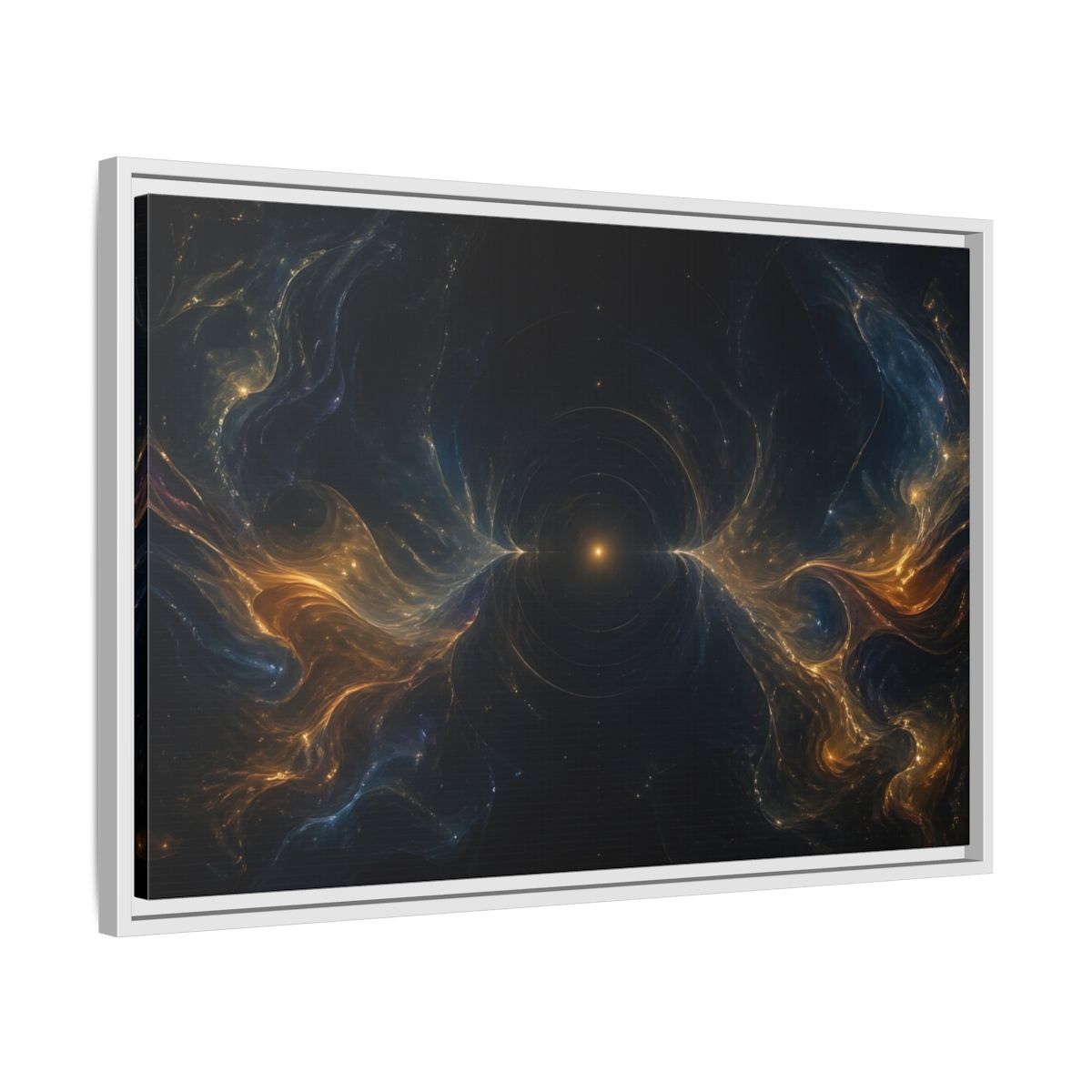 Side Mockup 10. Abstract Cosmic Energy Blue Gold Abstract shown as stretched canvas wall art