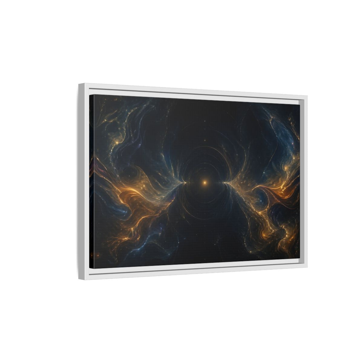 Side Mockup 1. Abstract Cosmic Energy Blue Gold Abstract shown as stretched canvas wall art