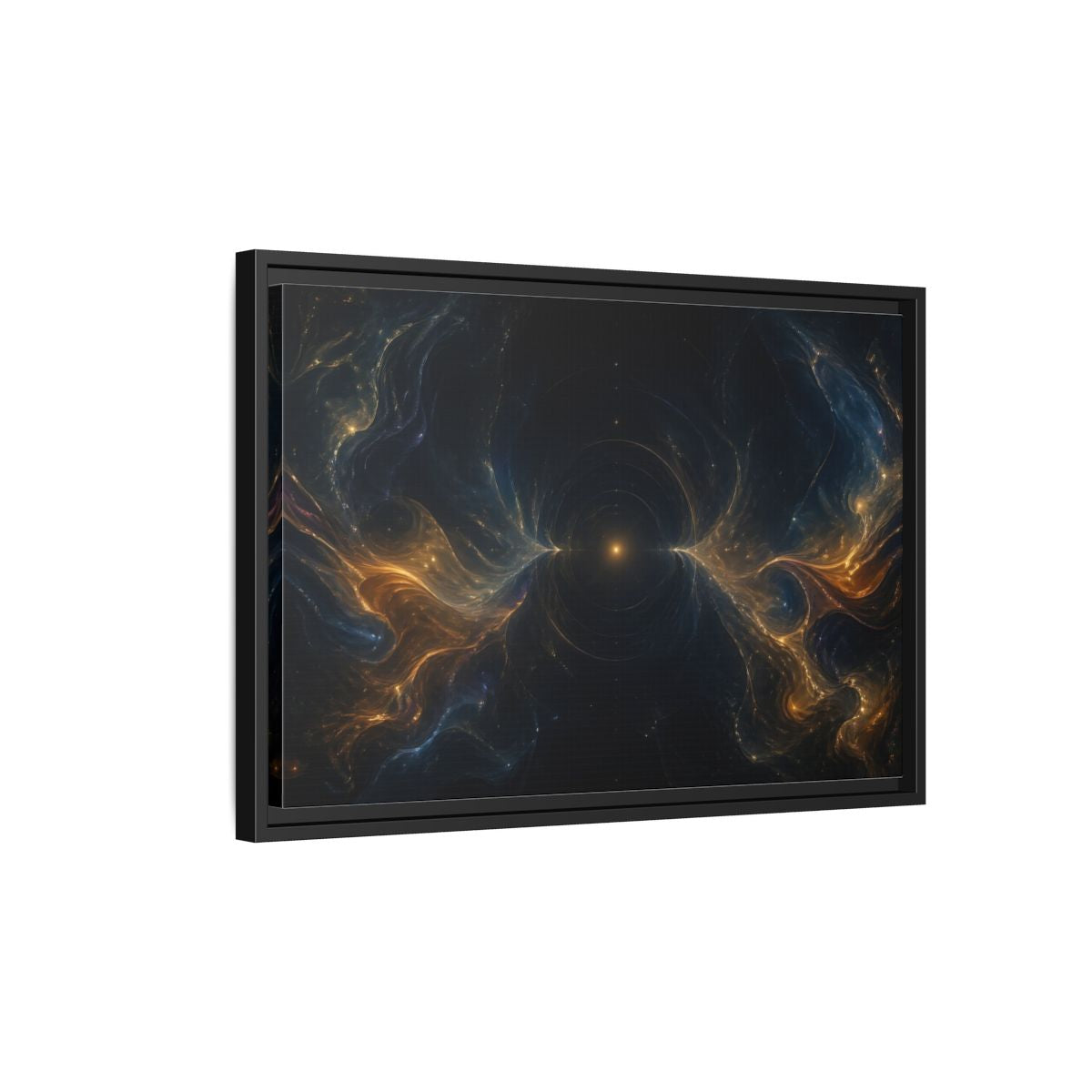 Side Mockup 3. Abstract Cosmic Energy Blue Gold Abstract shown as stretched canvas wall art