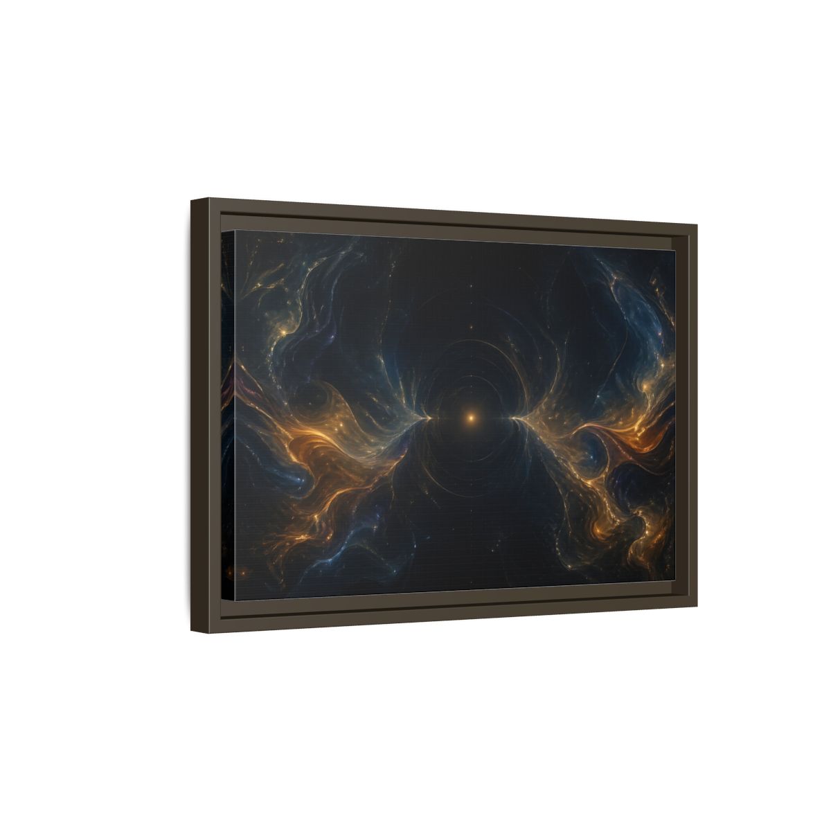 Side Mockup 5. Abstract Cosmic Energy Blue Gold Abstract shown as stretched canvas wall art