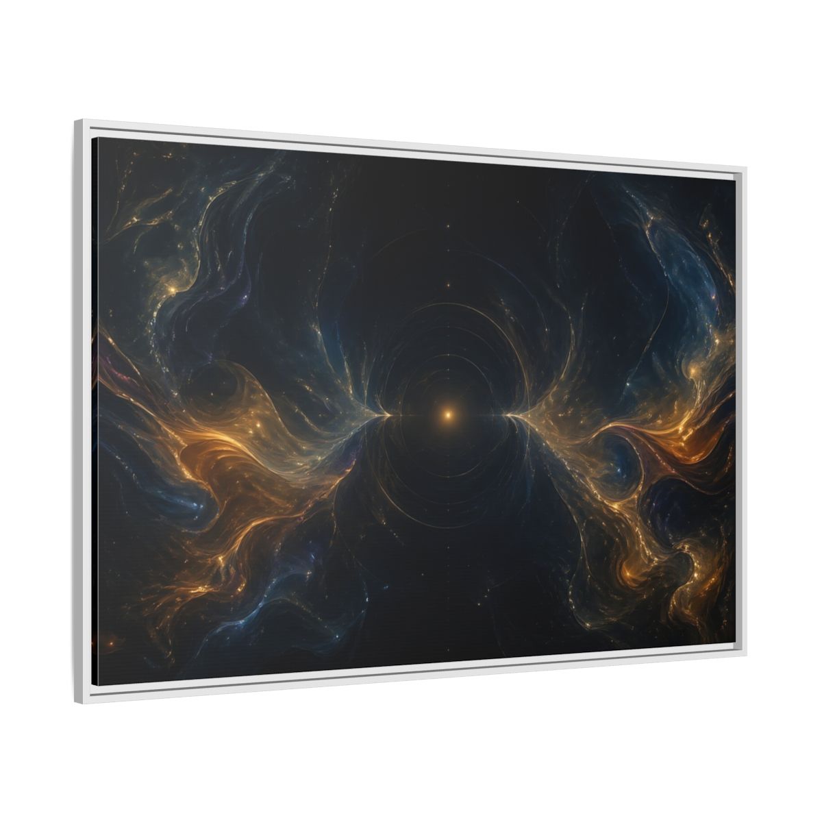 Side Mockup 7. Abstract Cosmic Energy Blue Gold Abstract shown as stretched canvas wall art