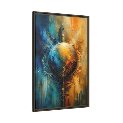 Abstract Cosmic Sphere Blue and Gold Framed Canvas Wall Art - Decor for Living Room, Above Couch shown as canvas wall art