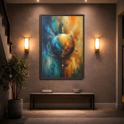 Abstract Cosmic Sphere Blue and Gold Framed Canvas Wall Art - Decor for Living Room, Above Couch shown as canvas wall art