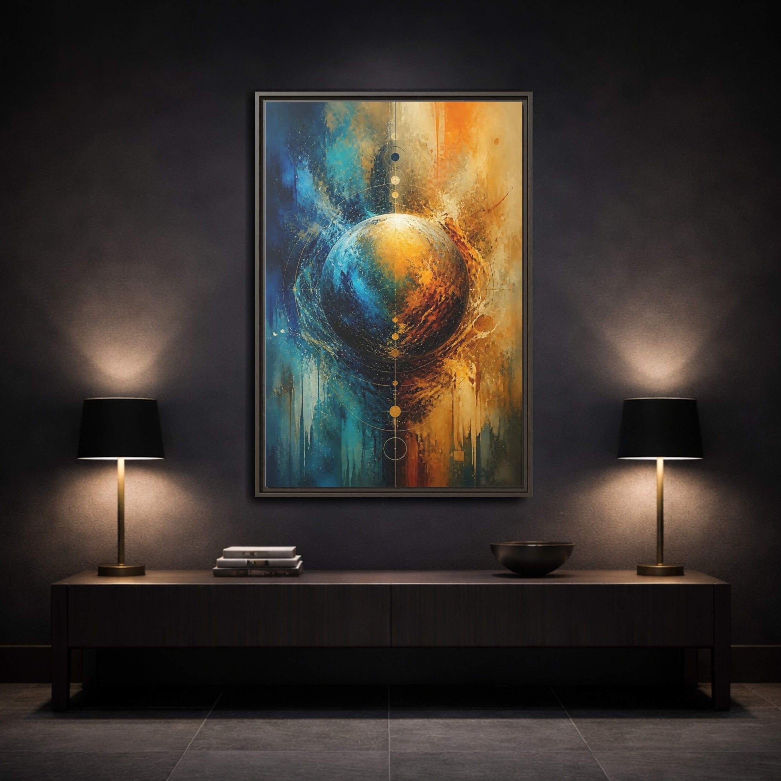 Mockup 3. Abstract Cosmic Sphere Blue And Gold Abstract shown as stretched canvas wall art