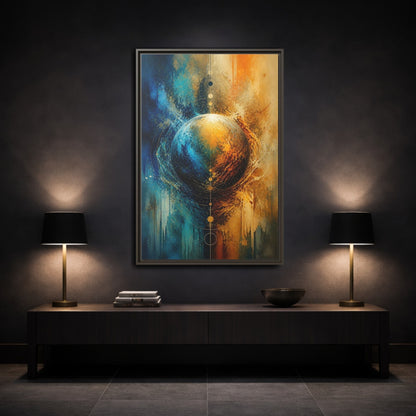 Abstract Cosmic Sphere Blue and Gold Framed Canvas Wall Art - Decor for Living Room, Above Couch shown as canvas wall art