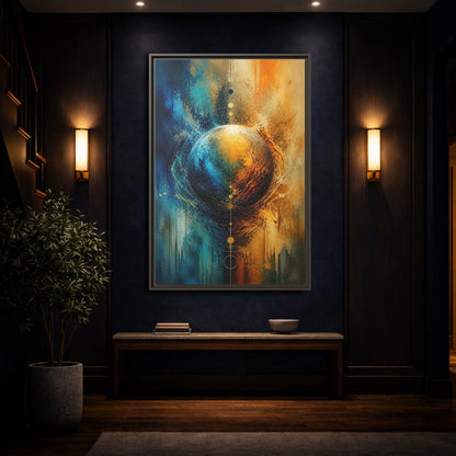 Abstract Cosmic Sphere Blue and Gold Framed Canvas Wall Art - Decor for Living Room, Above Couch shown as canvas wall art