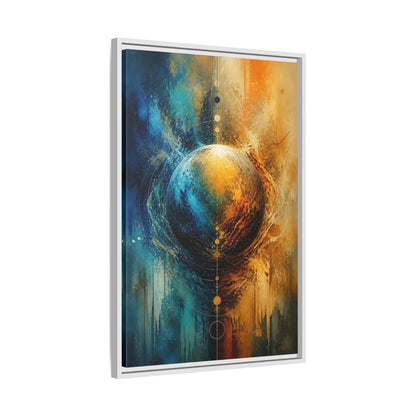 Abstract Cosmic Sphere Blue and Gold Framed Canvas Wall Art - Decor for Living Room, Above Couch shown as canvas wall art