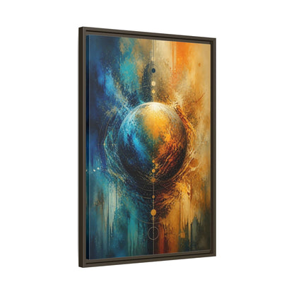 Abstract Cosmic Sphere Blue and Gold Framed Canvas Wall Art - Decor for Living Room, Above Couch shown as canvas wall art