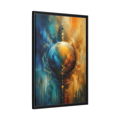 Abstract Cosmic Sphere Blue and Gold Framed Canvas Wall Art - Decor for Living Room, Above Couch shown as canvas wall art