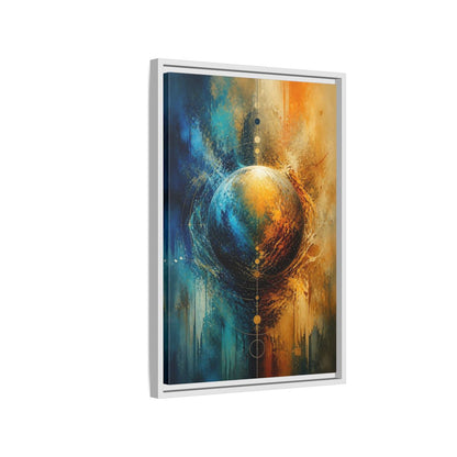 Abstract Cosmic Sphere Blue and Gold Framed Canvas Wall Art - Decor for Living Room, Above Couch shown as canvas wall art