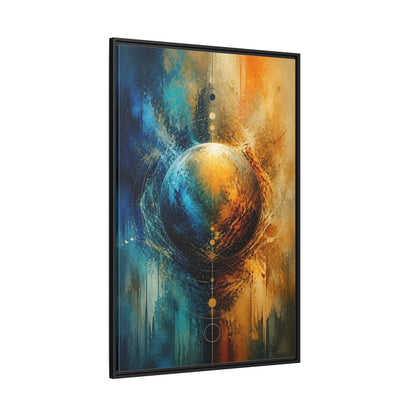 Abstract Cosmic Sphere Blue and Gold Framed Canvas Wall Art - Decor for Living Room, Above Couch shown as canvas wall art