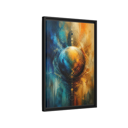 Abstract Cosmic Sphere Blue and Gold Framed Canvas Wall Art - Decor for Living Room, Above Couch shown as canvas wall art