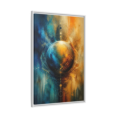 Abstract Cosmic Sphere Blue and Gold Framed Canvas Wall Art - Decor for Living Room, Above Couch shown as canvas wall art