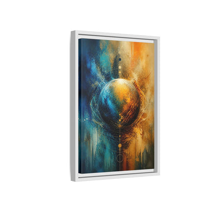 Abstract Cosmic Sphere Blue and Gold Framed Canvas Wall Art - Decor for Living Room, Above Couch shown as canvas wall art