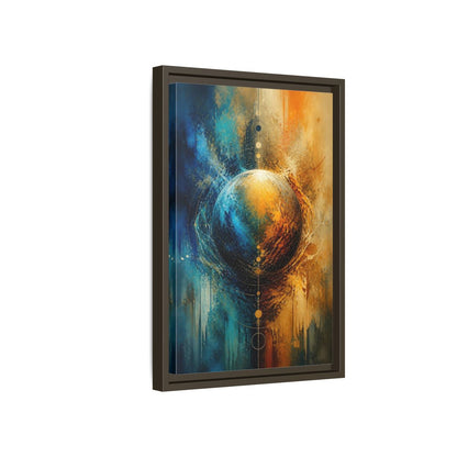 Abstract Cosmic Sphere Blue and Gold Framed Canvas Wall Art - Decor for Living Room, Above Couch shown as canvas wall art