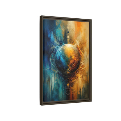 Abstract Cosmic Sphere Blue and Gold Framed Canvas Wall Art - Decor for Living Room, Above Couch shown as canvas wall art