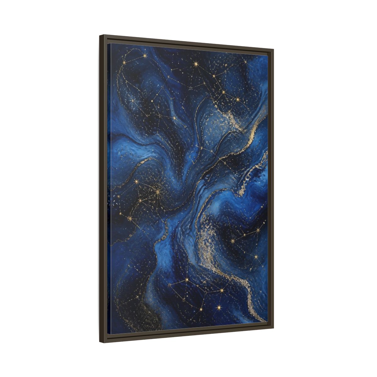 Main Mockup. Abstract Cosmic Swirls Blue Gold Abstract shown as stretched canvas wall art
