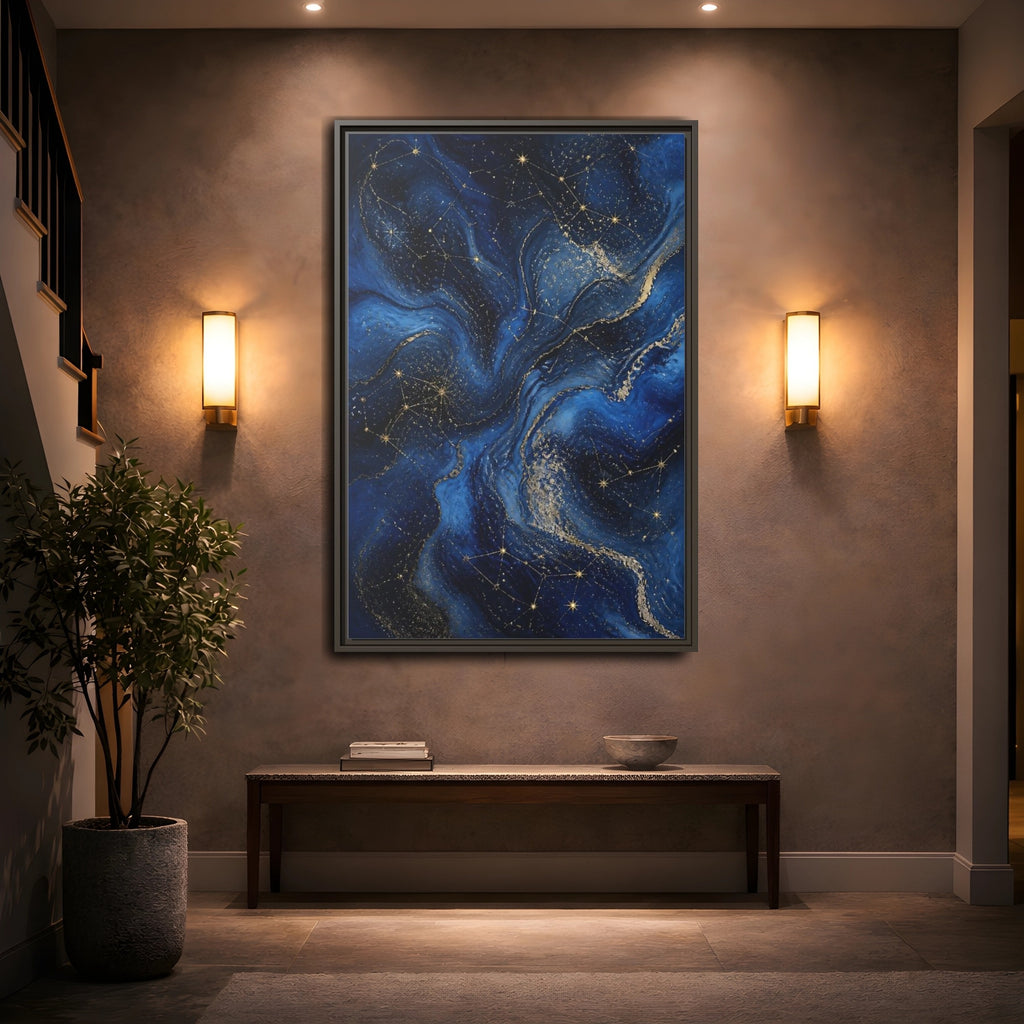 Mockup 2. Abstract Cosmic Swirls Blue Gold Abstract shown as stretched canvas wall art