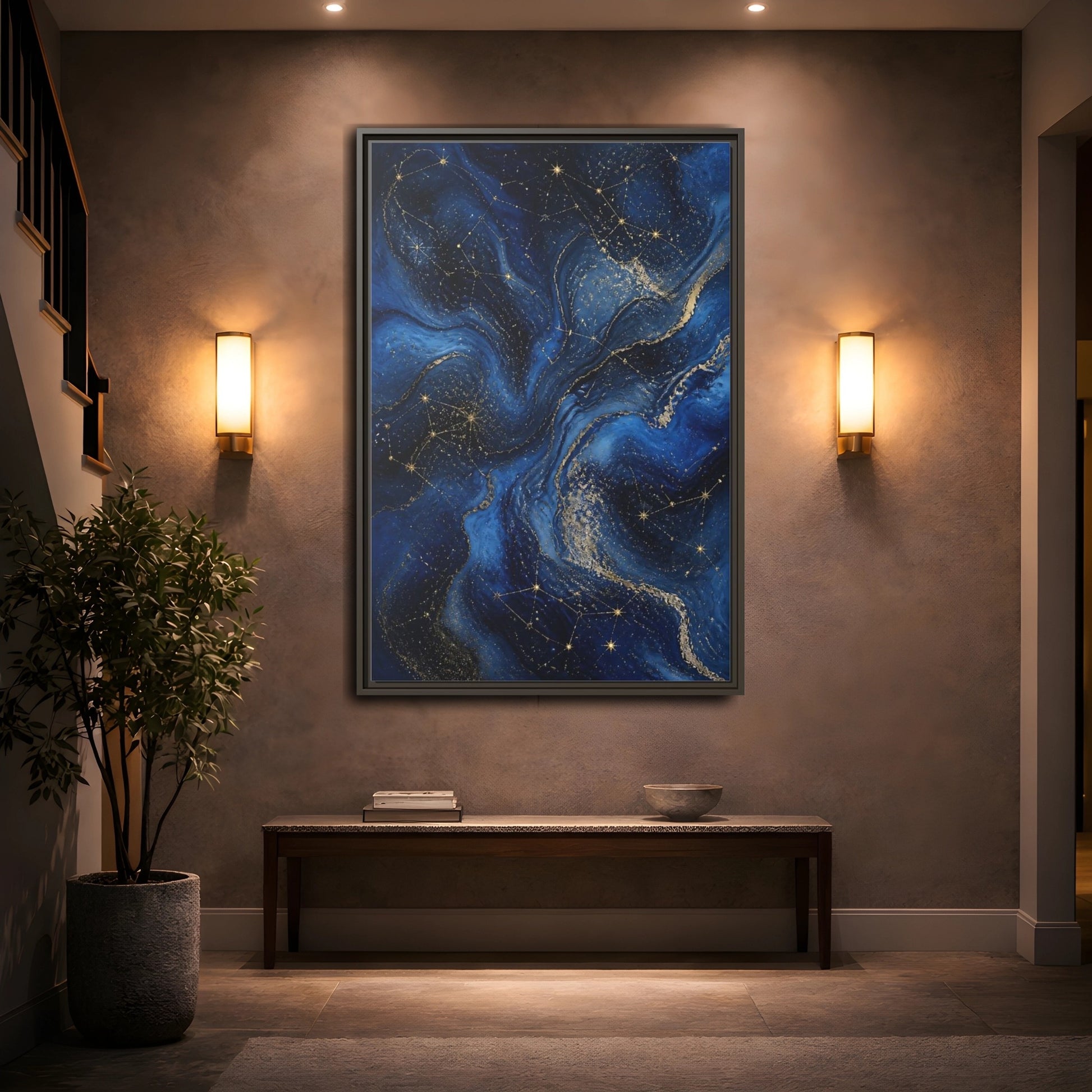 Mockup 2. Abstract Cosmic Swirls Blue Gold Abstract shown as stretched canvas wall art