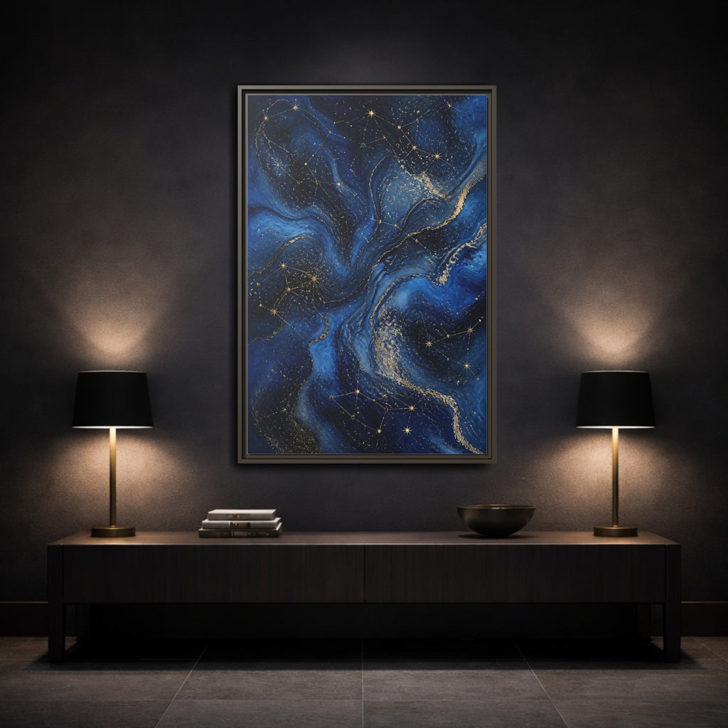 Mockup 3. Abstract Cosmic Swirls Blue Gold Abstract shown as stretched canvas wall art