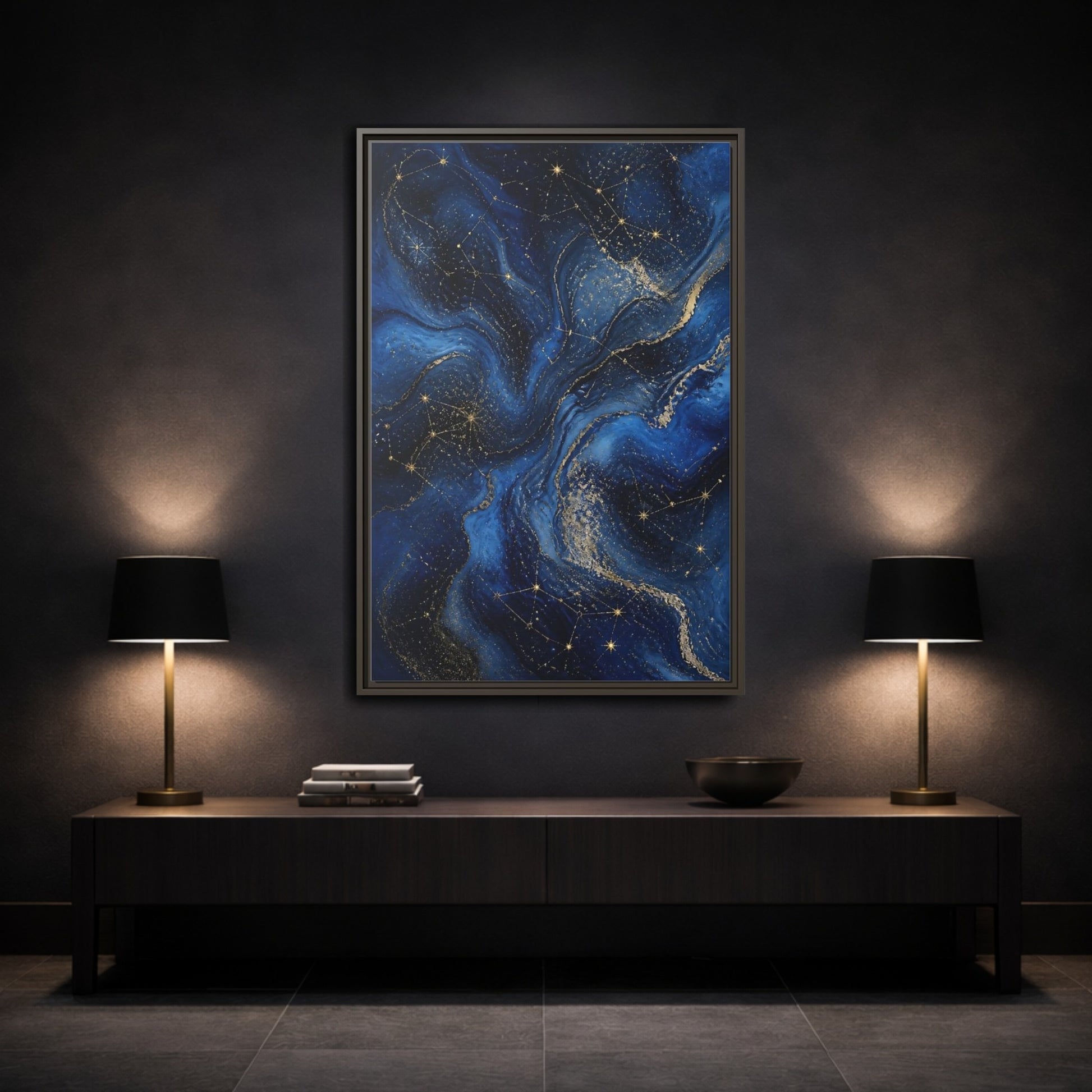 Mockup 3. Abstract Cosmic Swirls Blue Gold Abstract shown as stretched canvas wall art