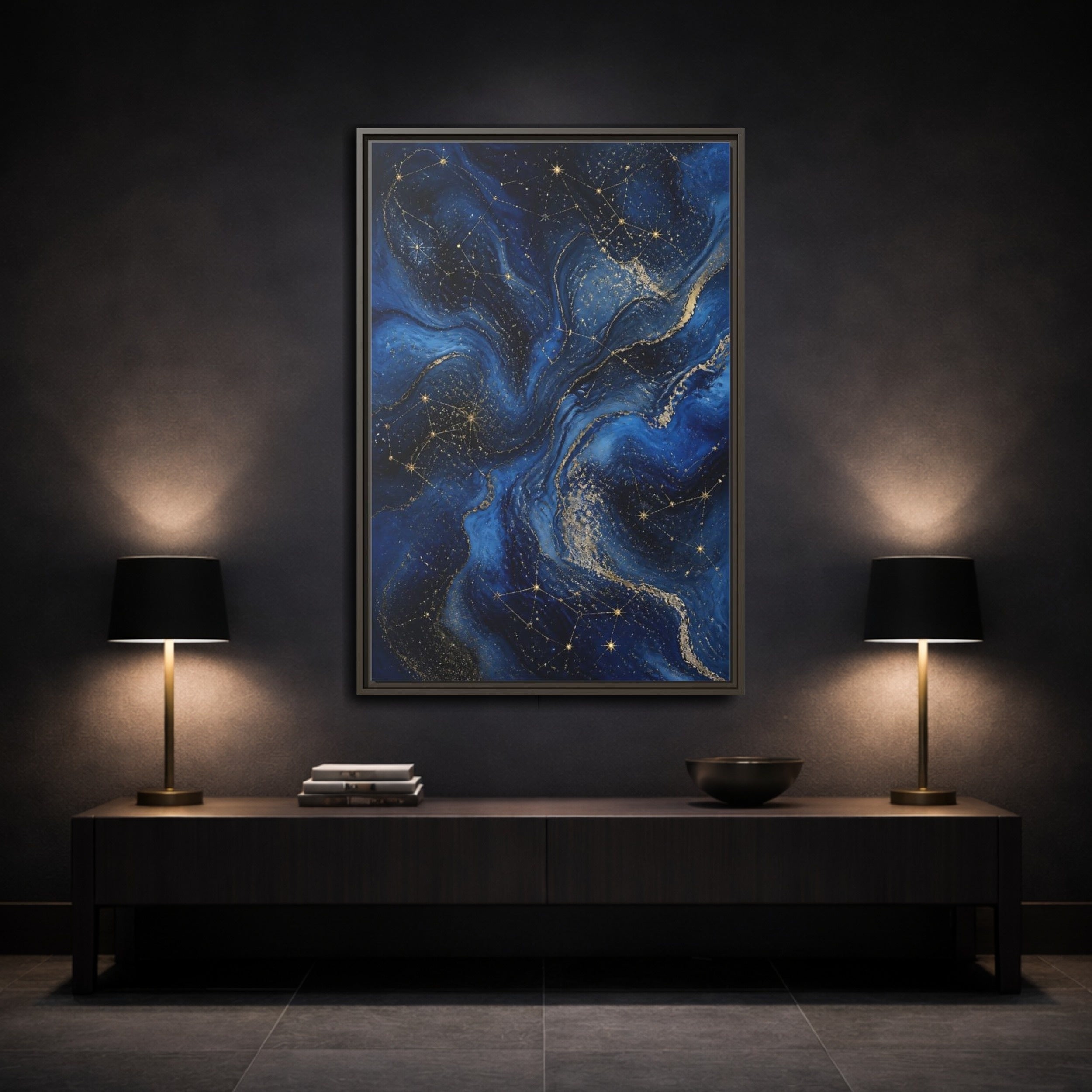 Mockup 3. Abstract Cosmic Swirls Blue Gold Abstract shown as stretched canvas wall art