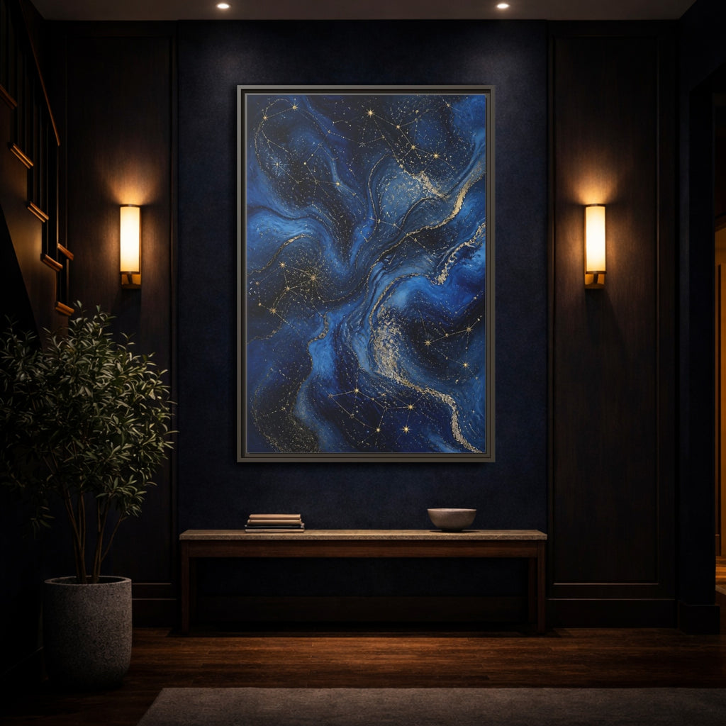 Mockup 4. Abstract Cosmic Swirls Blue Gold Abstract shown as stretched canvas wall art