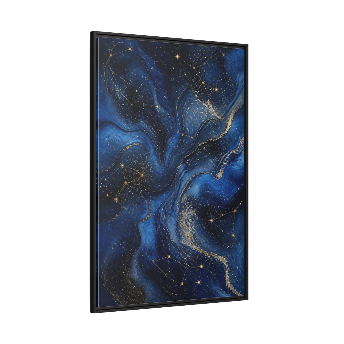 Side Mockup 12. Abstract Cosmic Swirls Blue Gold Abstract shown as stretched canvas wall art