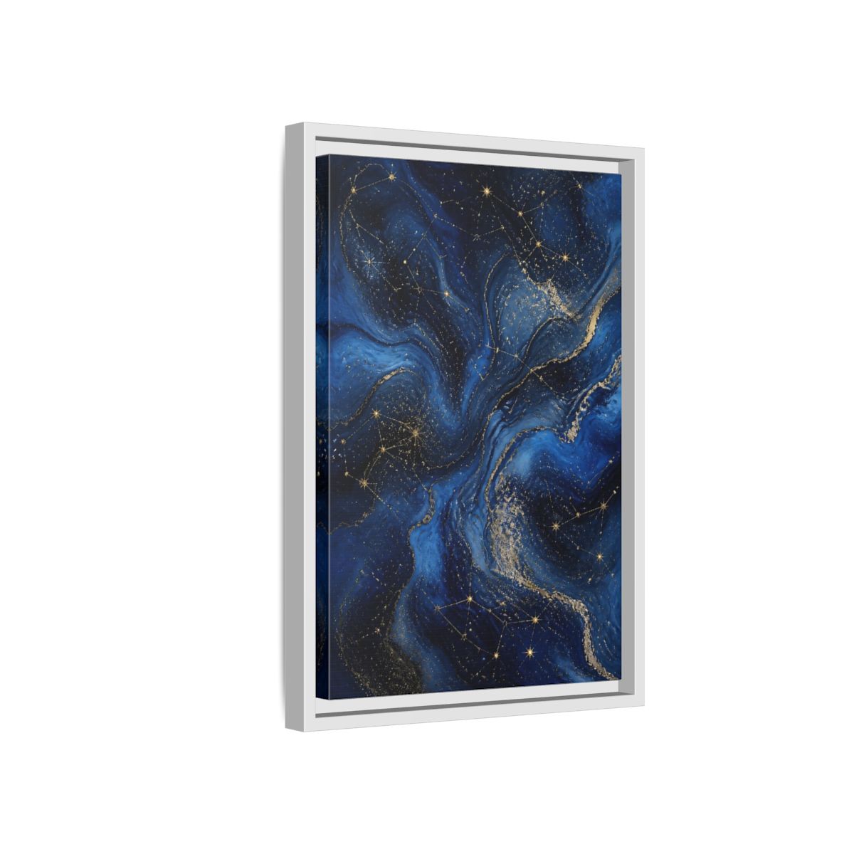Side Mockup 4. Abstract Cosmic Swirls Blue Gold Abstract shown as stretched canvas wall art