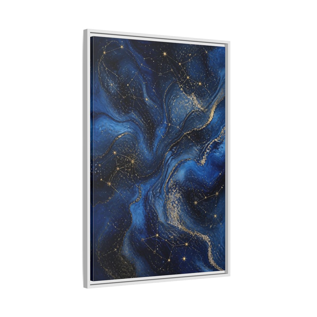 Side Mockup 9. Abstract Cosmic Swirls Blue Gold Abstract shown as stretched canvas wall art