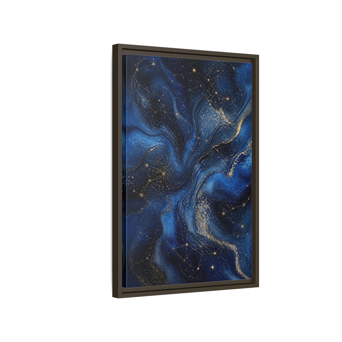 Side Mockup 2. Abstract Cosmic Swirls Blue Gold Abstract shown as stretched canvas wall art