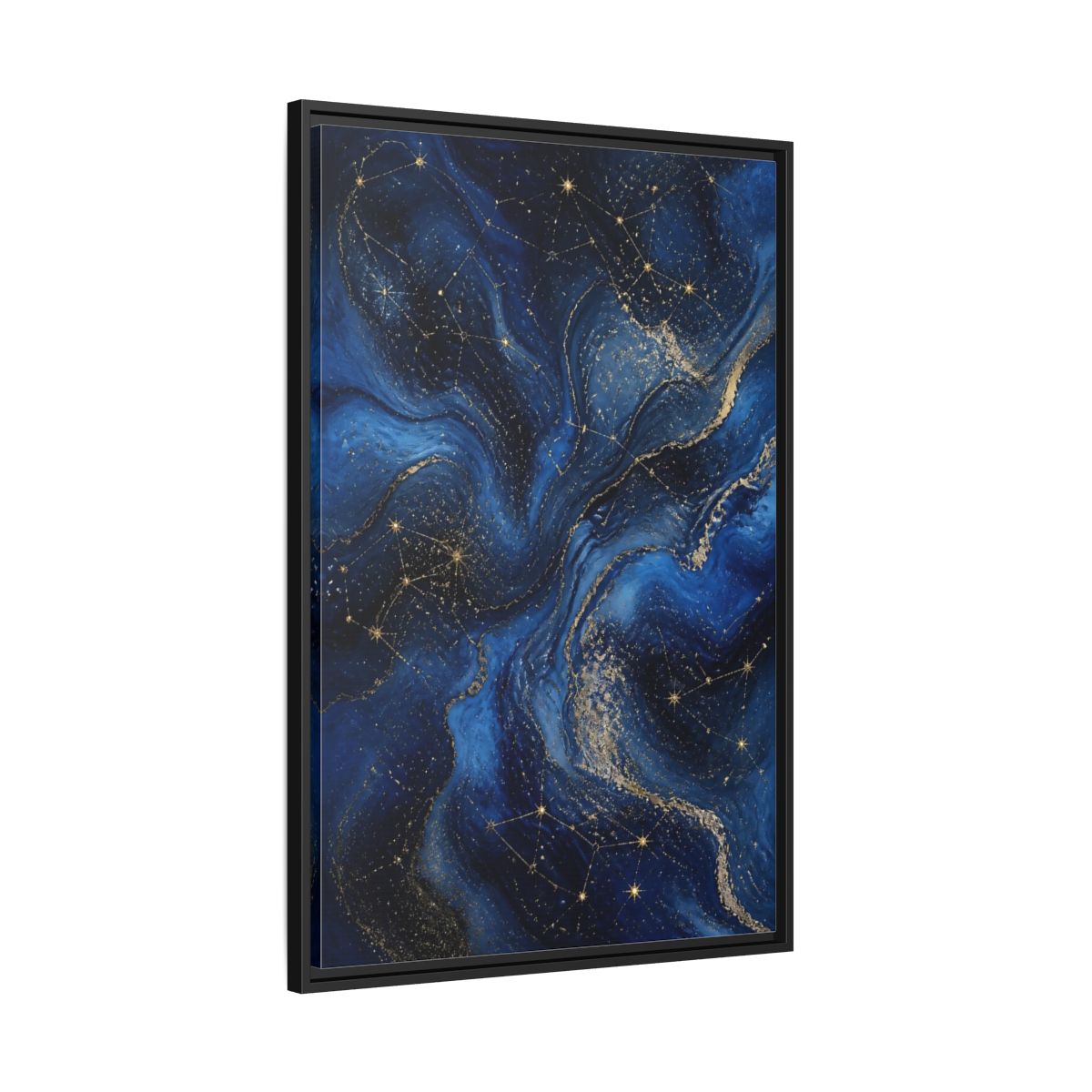 Side Mockup 13. Abstract Cosmic Swirls Blue Gold Abstract shown as stretched canvas wall art