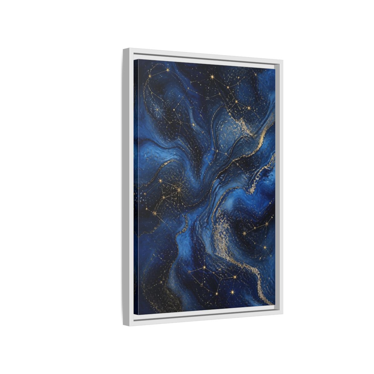 Side Mockup 1. Abstract Cosmic Swirls Blue Gold Abstract shown as stretched canvas wall art