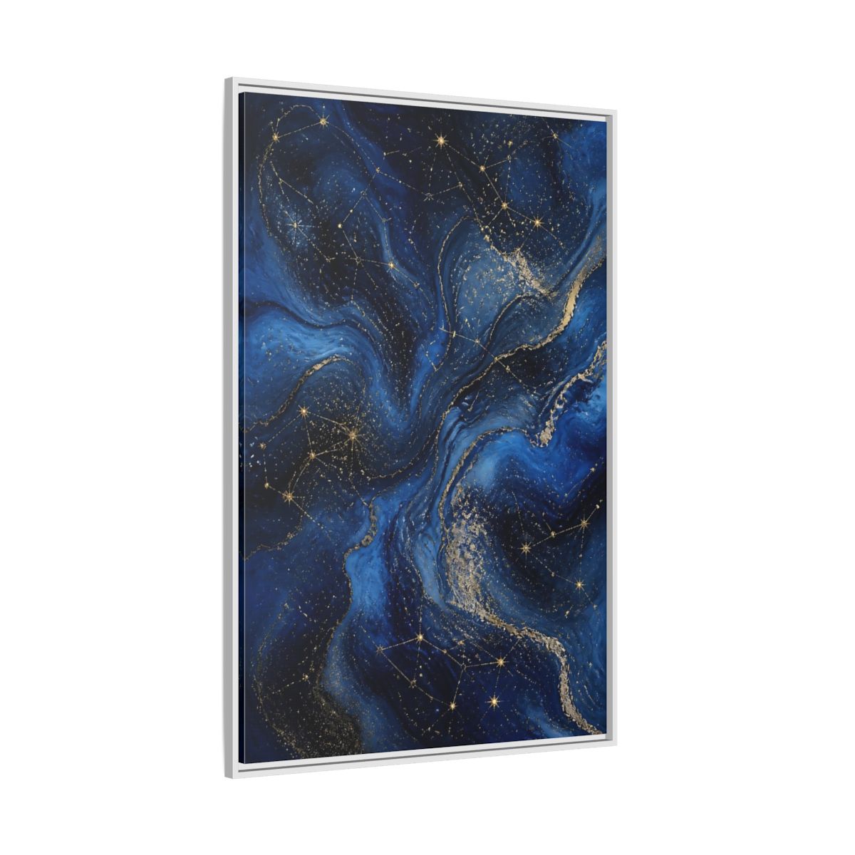 Side Mockup 7. Abstract Cosmic Swirls Blue Gold Abstract shown as stretched canvas wall art
