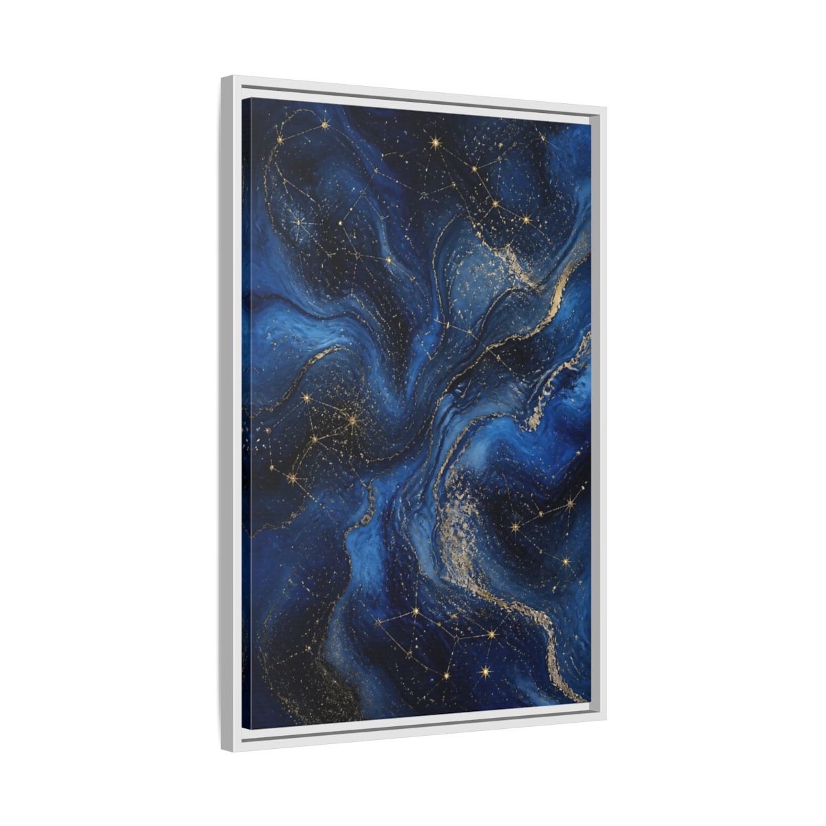 Side Mockup 10. Abstract Cosmic Swirls Blue Gold Abstract shown as stretched canvas wall art