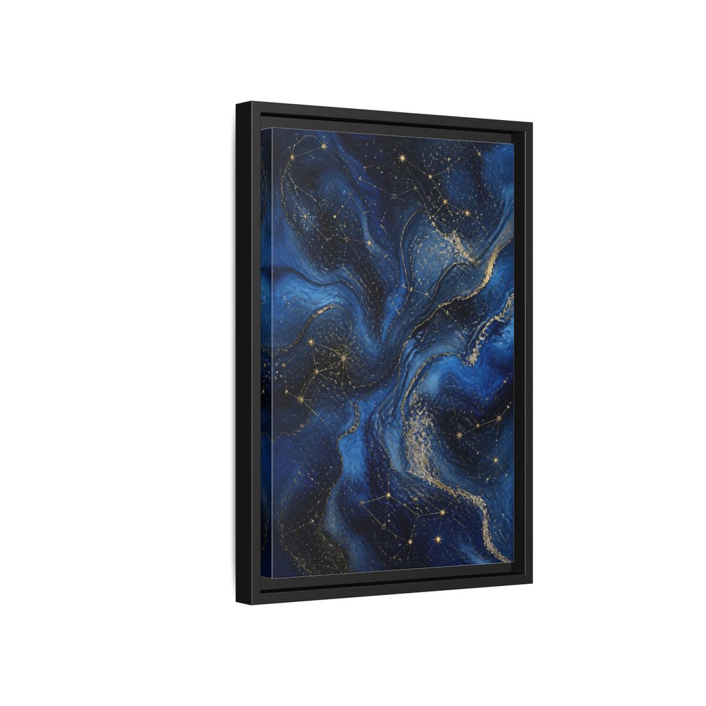 Side Mockup 6. Abstract Cosmic Swirls Blue Gold Abstract shown as stretched canvas wall art